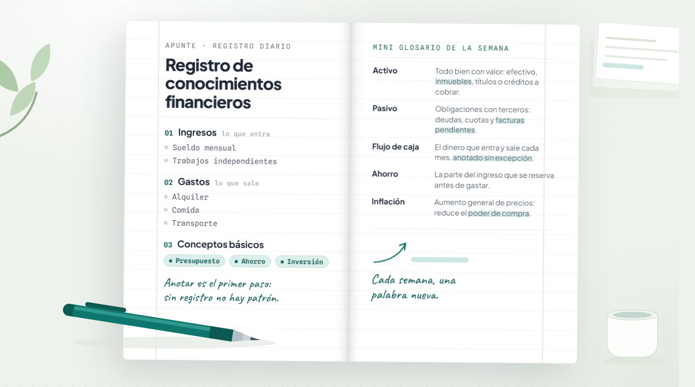 Cuaderno de conocimientos financieros abierto con una birome sobre el escritorio de estudio