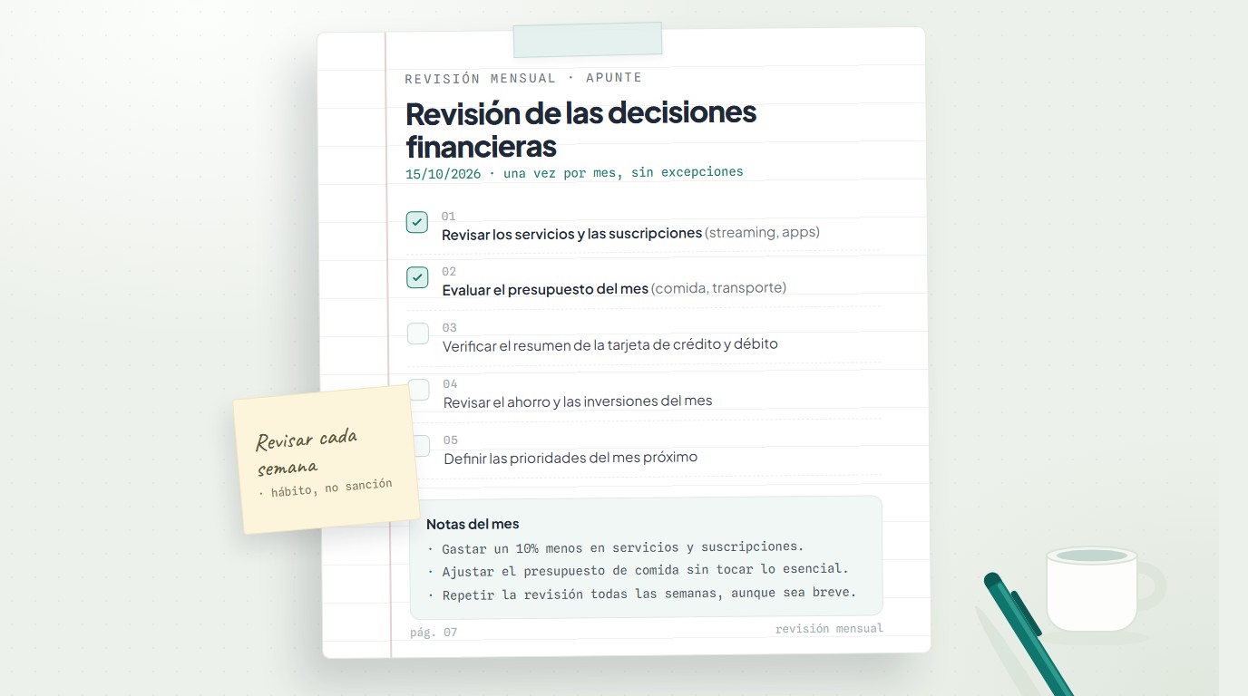 Lista de verificación para revisar decisiones financieras en un cuaderno