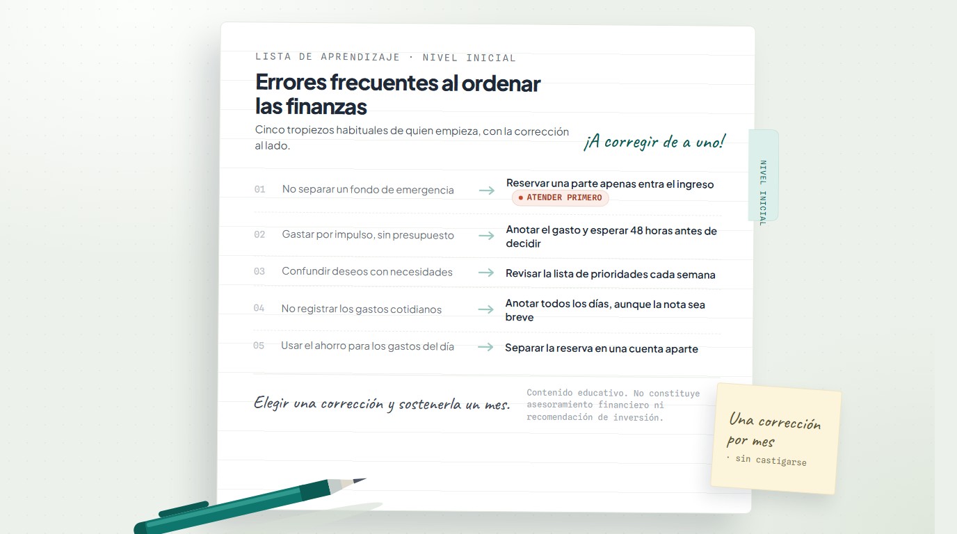Escritorio con billetera, apuntes y calculadora que representa a un principiante organizando sus finanzas personales